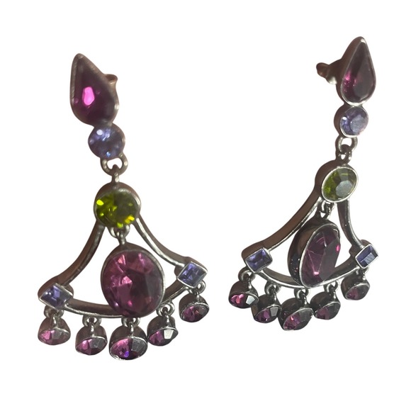 Givenchy Vintage Chandelier Earrings Gunmetal Purple Green Rhinestone Dangle 2" - Picture 5 of 10